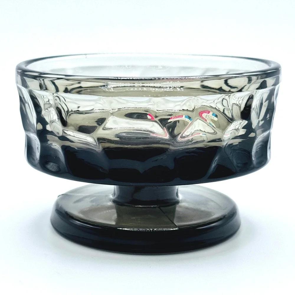 Fostoria Pebble Beach Smoke Gray Glass Pedestal‎ Dessert Bowl Thumbprint Sticker
